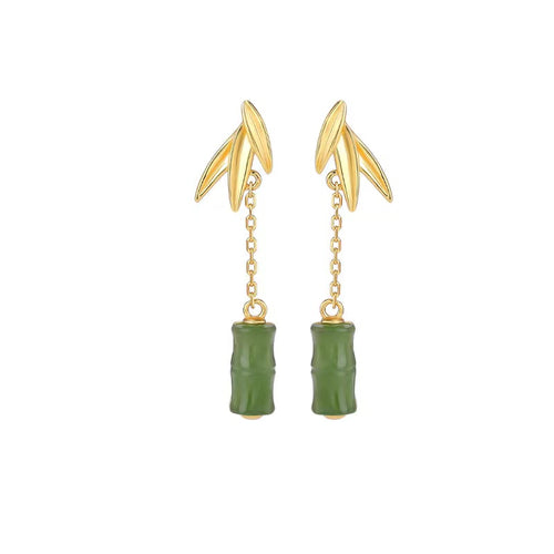 Green Nephrite Bamboo Drop Earrings-Prosperity Luck