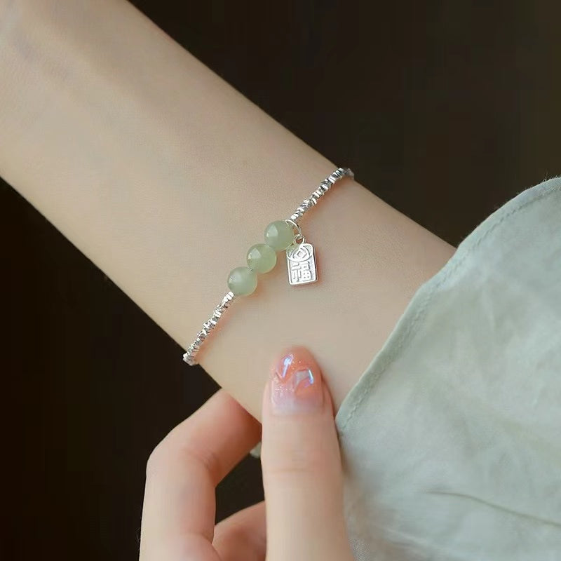 Fu Jade Beads Silver Bracelet-Prosperity