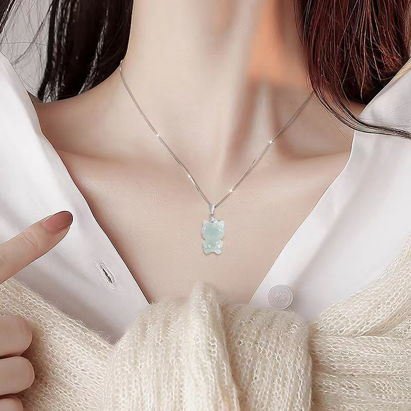 Natural Jade Cat Necklace-Good Fortune and Luck