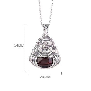 Natural Red Amber Laughing Buddha Silver Necklace-Divine Mind