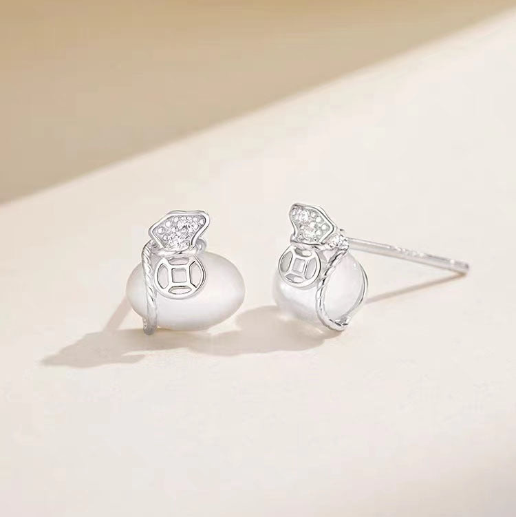925 Silver Cat Eye Coin Stud Earrings-Wealth Symbol
