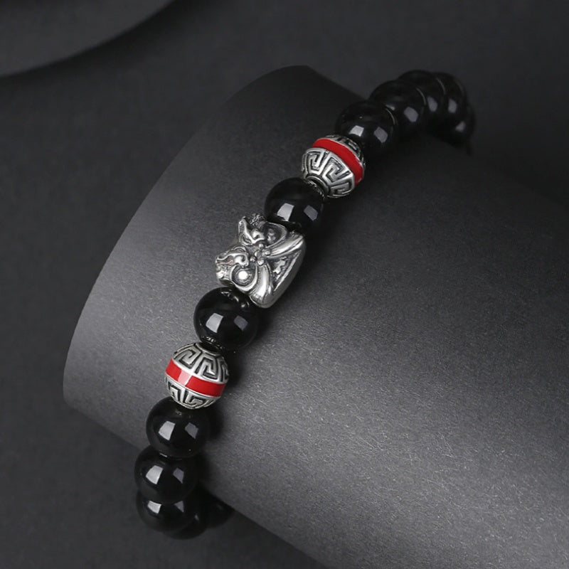 Lion Dance 925 Sterling Silver Obsidian Bracelet-Courageous Energy