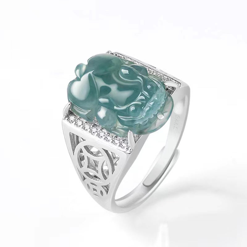 Adjustable 925 sterling silver Pixiu ring with natural ice jade wealth charm