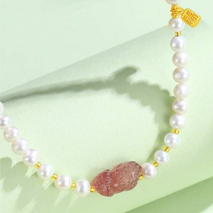Pixiu Strawberry Quartz Sunstone Freshwater Pearl Bracelet-Joyful Blessings
