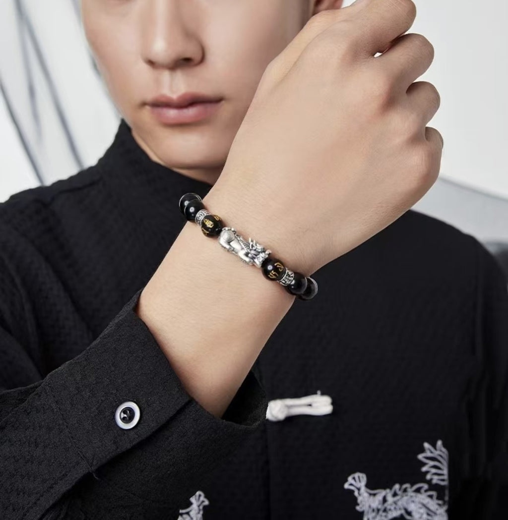 Mystic Guardian Pixiu Obsidian Bracelet in 999 Fine Silver