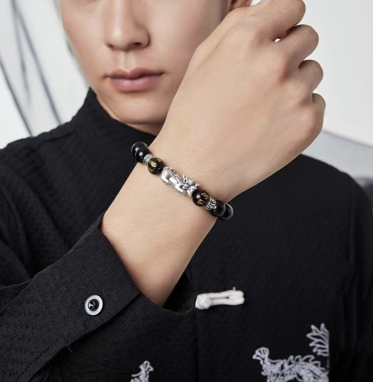 Mystic Guardian Pixiu Obsidian Bracelet in 999 Fine Silver