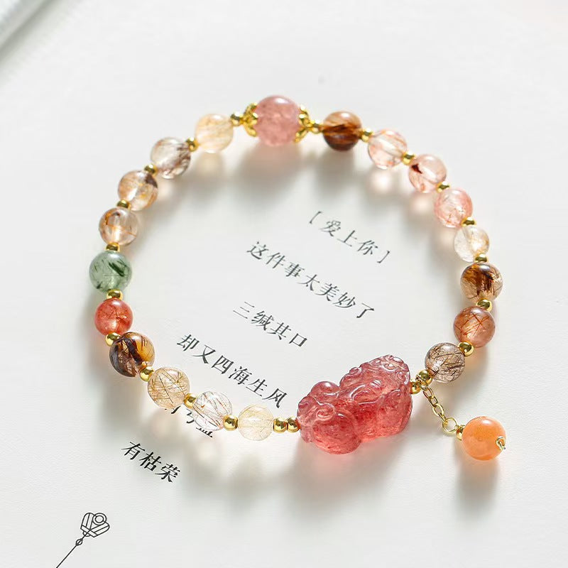 Strawberry Quartz Pixiu Rutilated Quartz Bracelet -Attract Luck