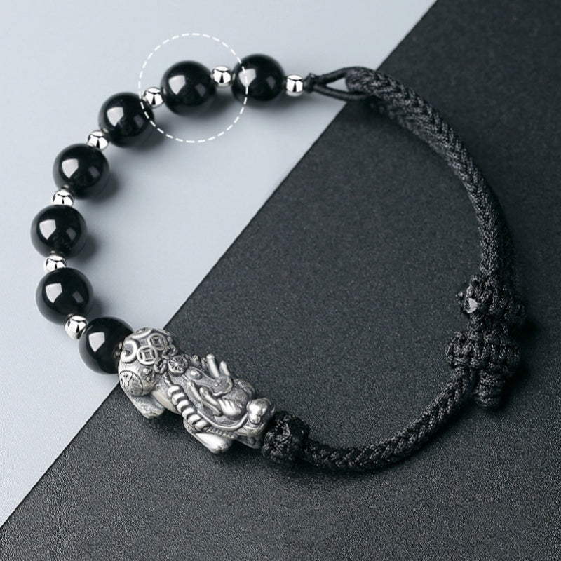 Wealth and Blessing-Pixiu Fine Silver and Obsidian Braided Bracelet