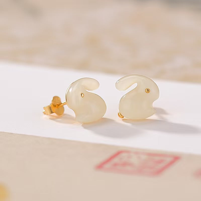 Wealth Rabbit Hetian Jade Earrings-Good Fortune and Luck