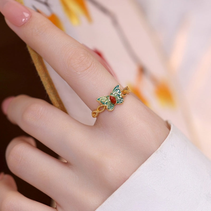 Poetry in Motion-Butterfly Enamel Red Agate Ring