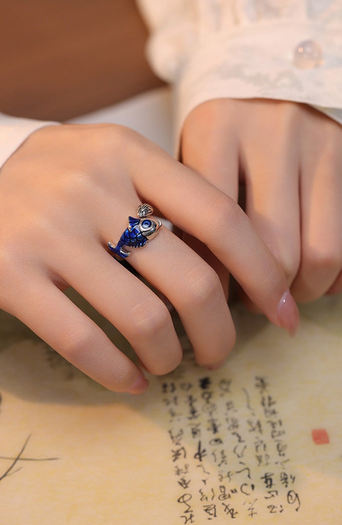 A Wish for Plenty-Koi & Lotus Enamel Silver Ring