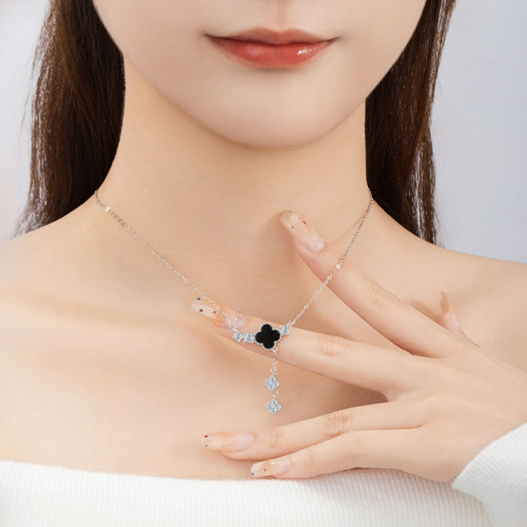 Clover Black Agate Tassel Necklace-A Sincere Heart