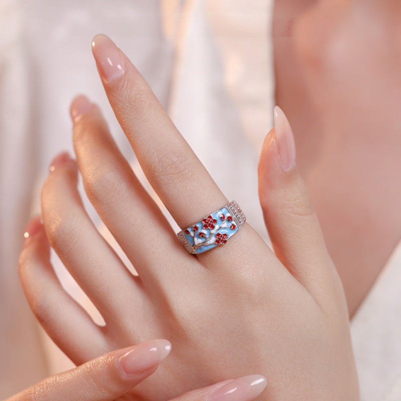 Winter Plum Blossom Enamel S925 Silver Adjustable Ring-Quiet Resilience