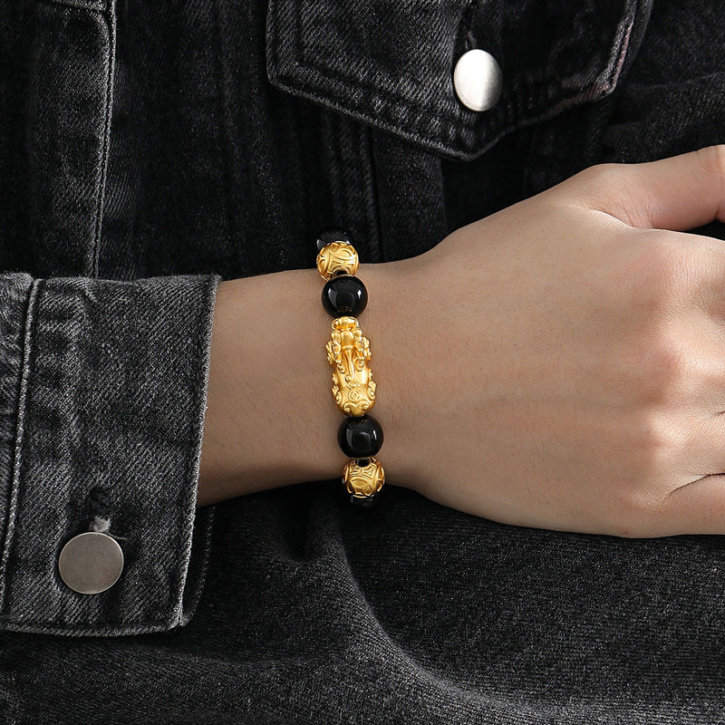 Pixiu Gold-Tone and Obsidian Beaded Bracelet-Welcoming Fortune）