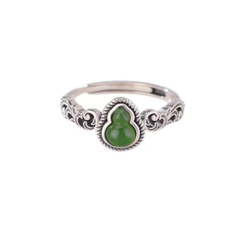 Green Jade Calabash Silver Ring-Fortune Prosperity