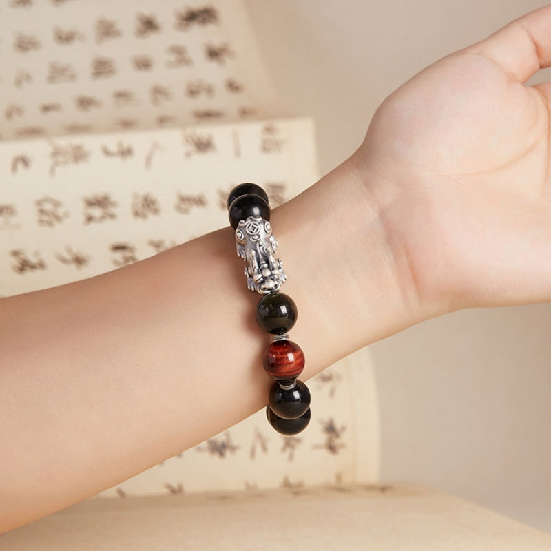 Pixiu Fine Silver and Silver Sheen Obsidian Beaded Bracelet-Grounding Strength