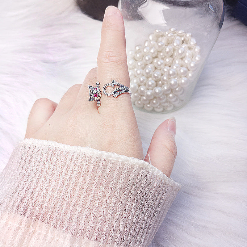 Feng Shui Wealth Cat Silver Ring