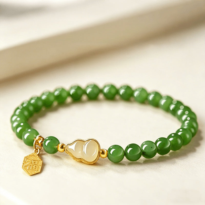 Natural Nephrite Jade Gourd & Fu Plaque Bracelet-Grounded Harmony