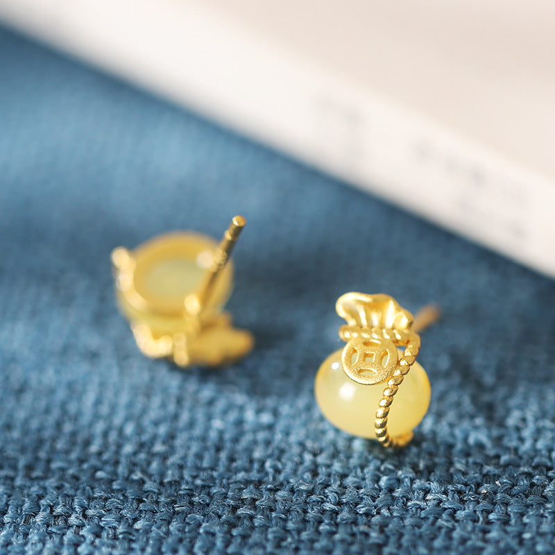 Fortune Pouch Gemstone Stud Earrings-Good Wishes Held Close