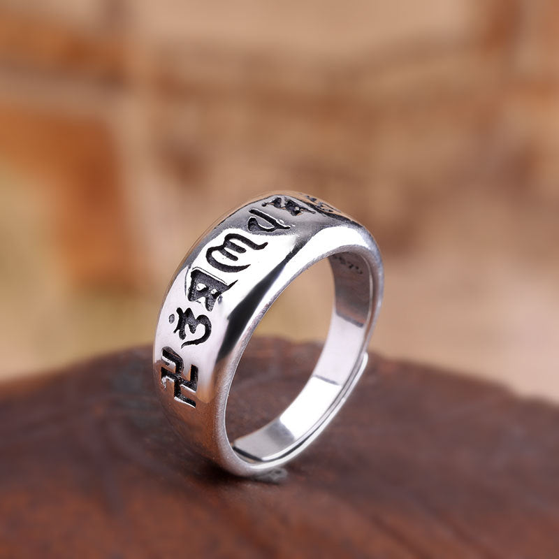 925 Sterling Silver Open Ring – Women’s Thai Silver Vintage Band with Six True Words Mantra