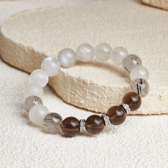 Smooth Path-Ice Obsidian Moonstone Rutilated Quartz Beaded Bracelet