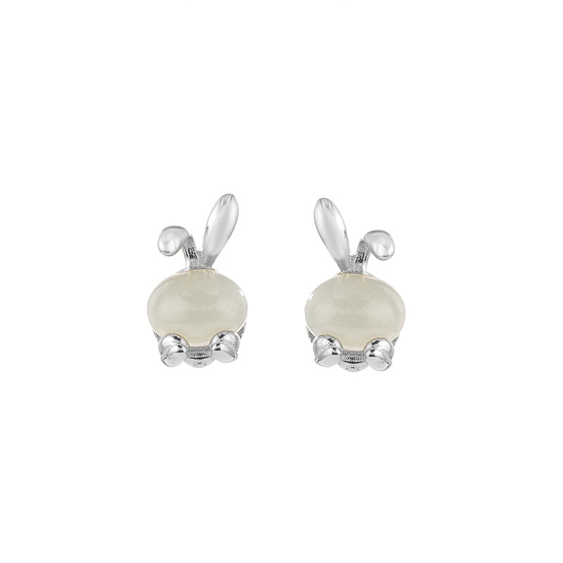 Bunny Nephrite Jade & Red Agate Stud Earrings-A Playful Little Wish