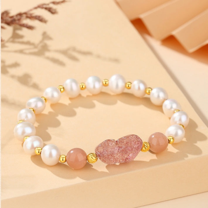 Pixiu Strawberry Quartz Sunstone Freshwater Pearl Bracelet-Joyful Blessings