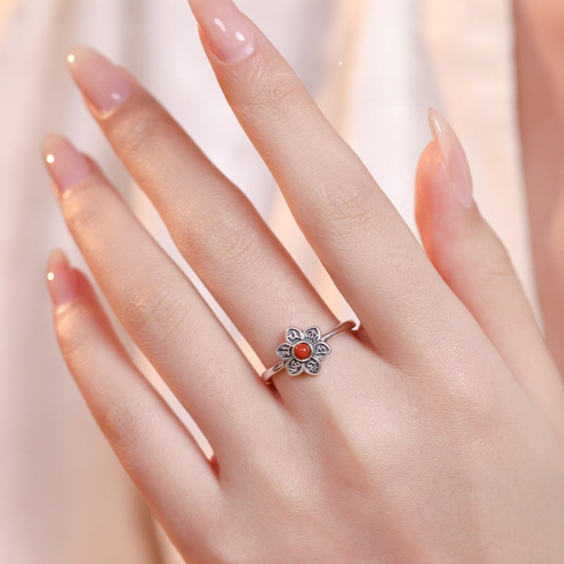 Six Syllable Mantra Red Agate S925 Silver Ring-Quiet in Bloom