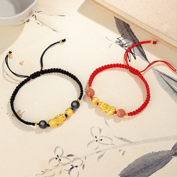 Wealth and Protection-Pixiu Sunstone and Obsidian Couple Bracelet