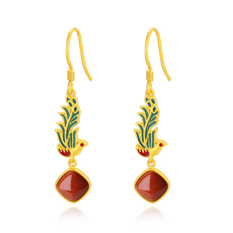 Peacock Nephrite Jade & Red Agate Drop Earrings-A Bright Future