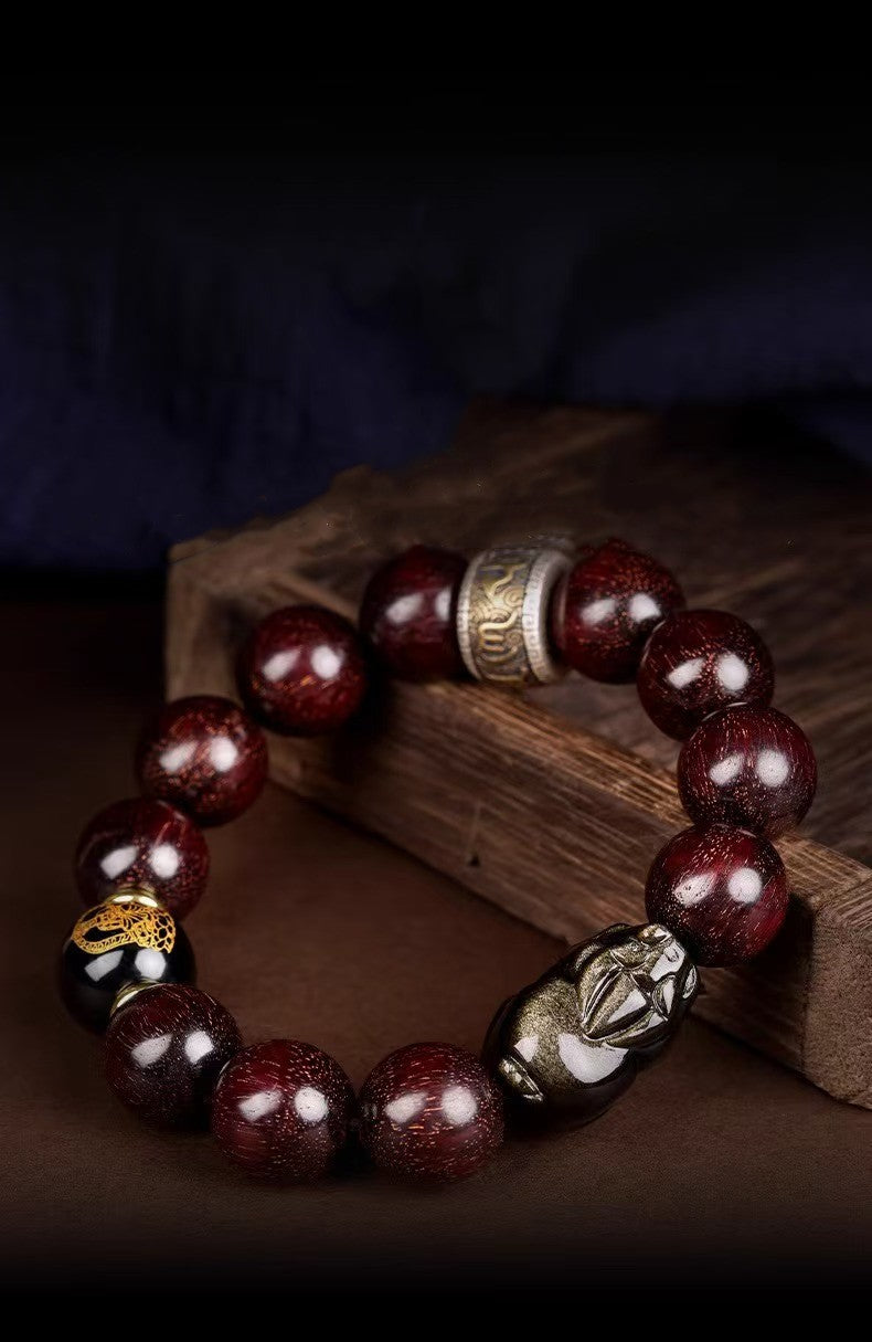 Red Sandalwood Bead Gold Obsidian Pixiu Bracelet -Attract Wealth