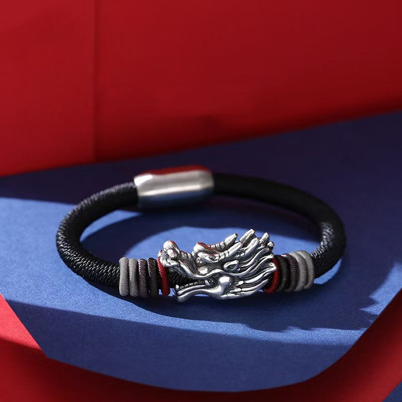 Men’s Sterling Silver Dragon Head Handmade Rope Bracelet -Protection&Luck