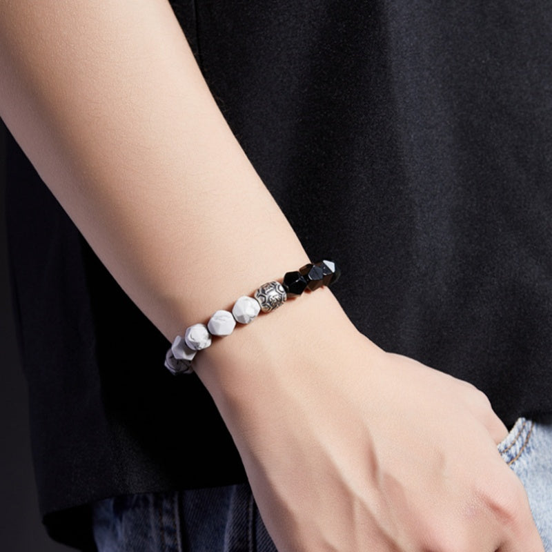 Peace and Auspicious Blessings-Six-Syllable Mantra 999 Fine Silver Rhombus Obsidian Beaded Bracelet