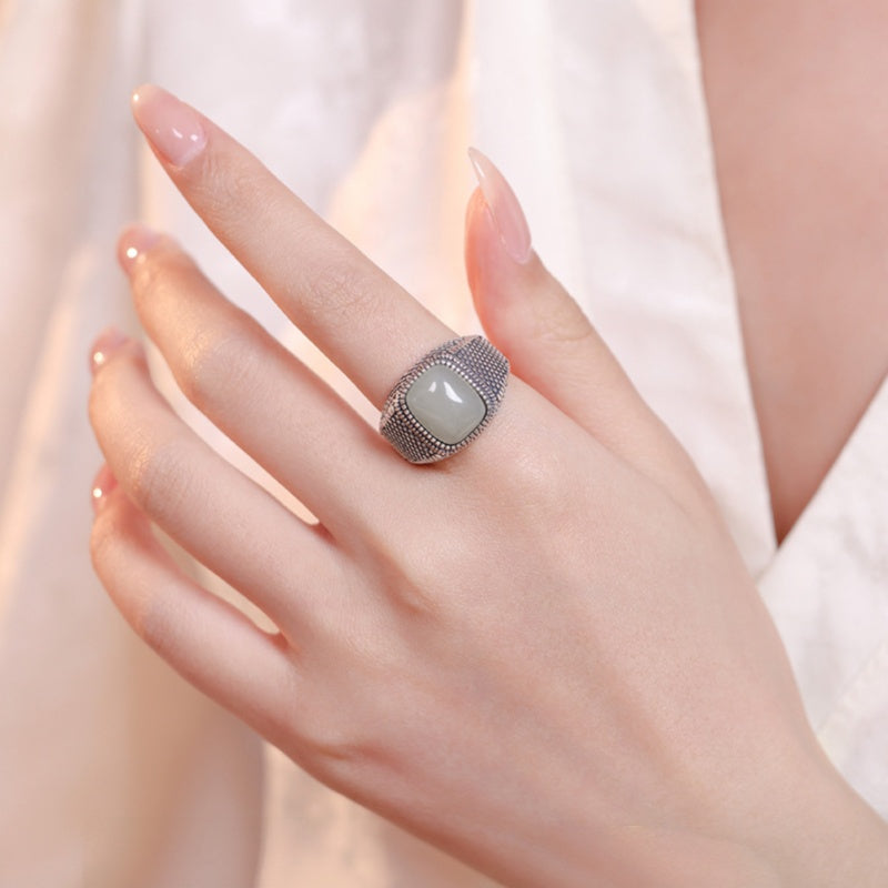 Cushion Nephrite Jade Textured S925 Silver Adjustable Ring-Quiet Composure