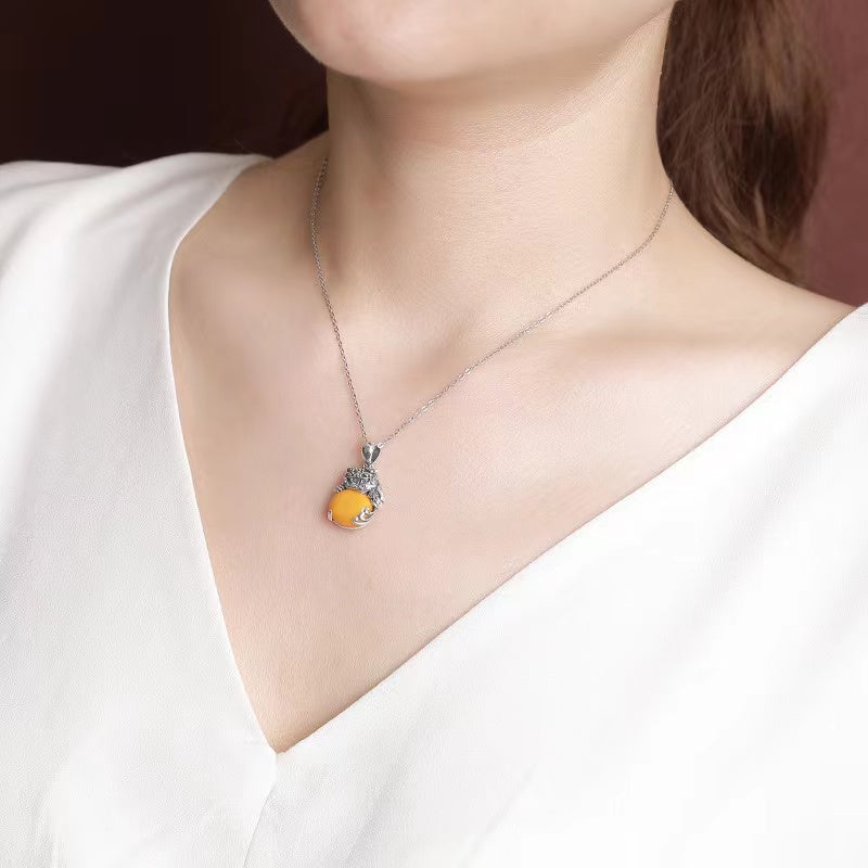 Pixiu Yellow Agate Silver Necklace -Balance and Prosperity