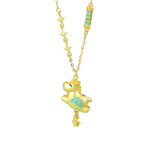 Gold dream pony necklace with turquoise enamel saddle and an asymmetric star chain