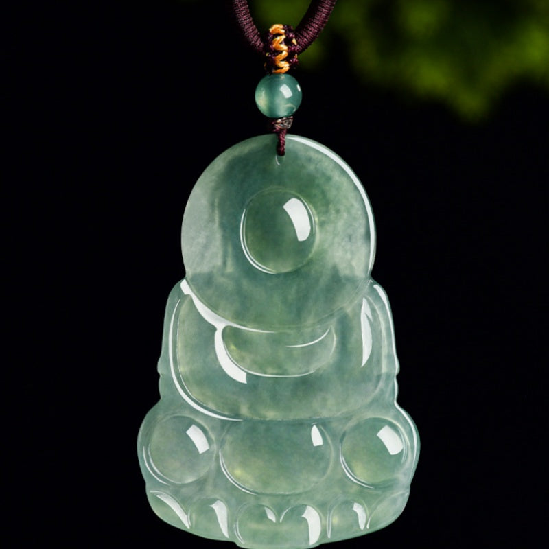 Natural Green Ice Jade Guan Yin Buddha Full Blessing Lucky Pendant