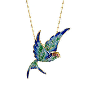 Cloisonne Swallow Silver Necklace-luck and prosperity