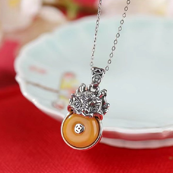Zodiac Dragon Amber Silver Necklace-Luck Prosperity