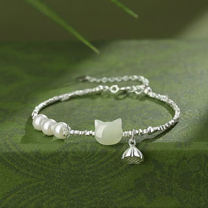 Lucky Cat White Jade Silver Nugget Bracelet-Fortune&Prosperity