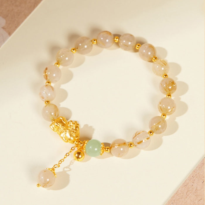 Welcoming Prosperity-Pixiu Gold Rutilated Quartz and Nephrite Jade Beaded Bracelet