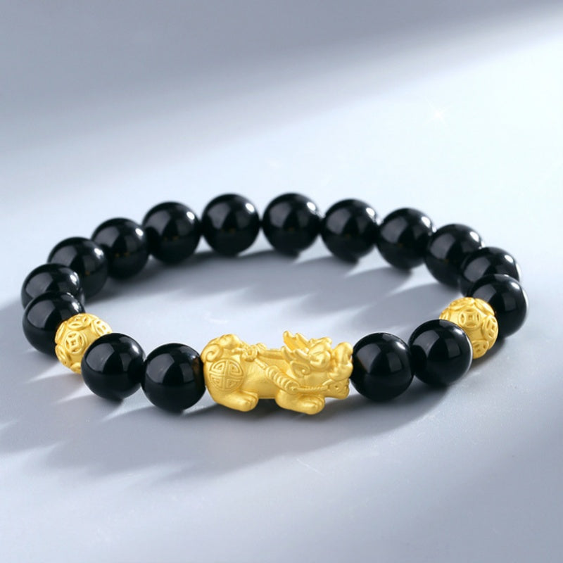 Welcoming Fortune-Pixiu Gold-Tone Couple Beaded Bracelet