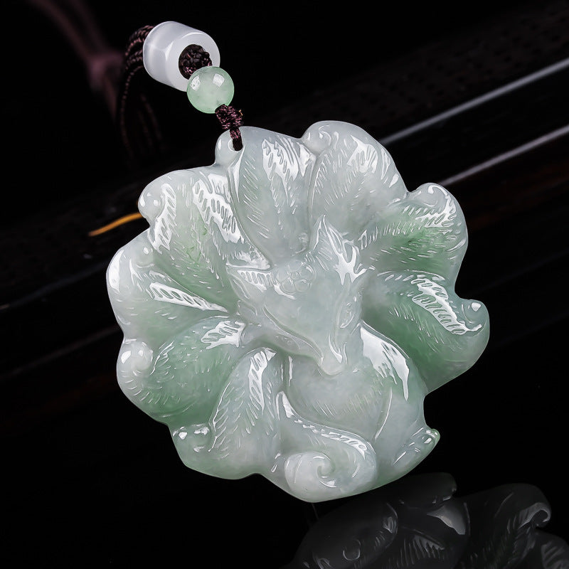 Nine-Tailed Fox Natural Blue Jadeite Pendant – Genuine A Jade Necklace in Glutinous Variety