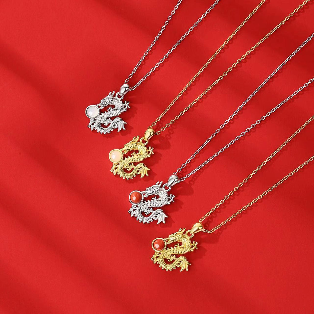 Year Of Dragon Red Agate Silver Necklace-Fortune Prosperity