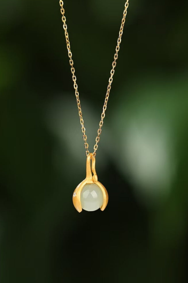 Gentle Essence Hetian Jade Pendant Necklace– S925 Sterling Silver with Ancient Gold Finish