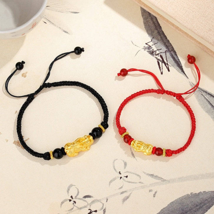 Welcoming Fortune-Pixiu Obsidian and Red Agate Couple Bracelet Set