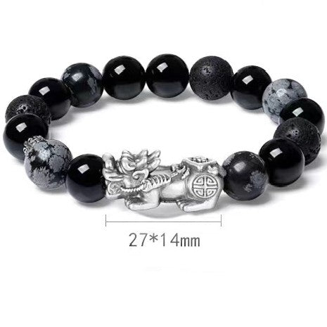 999 Silver Pixiu Obisidian Men`s Bracelet-Attract Luck