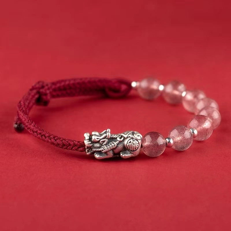 Silver Pixiu Obsidian Beads String Bracelet-Attract Luck