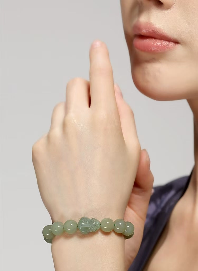Natural Hetian Jade Pixiu Fortune Bead Bracelet-Attract Wealth