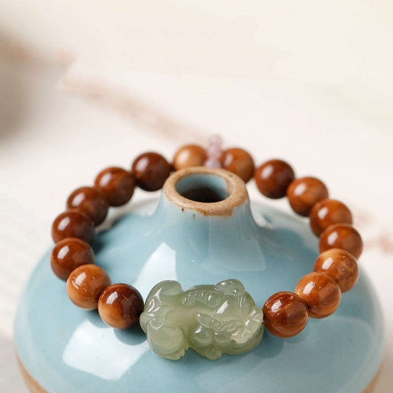 Hand-Carved Hetian Jade Pixiu Babassu Bead Bracelet-Quiet Prosperity